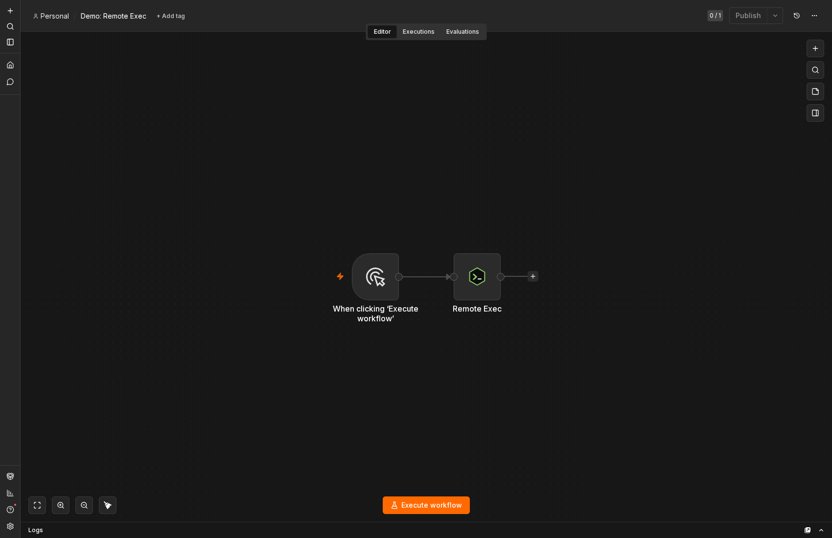 The Remote Exec node in an n8n workflow canvas