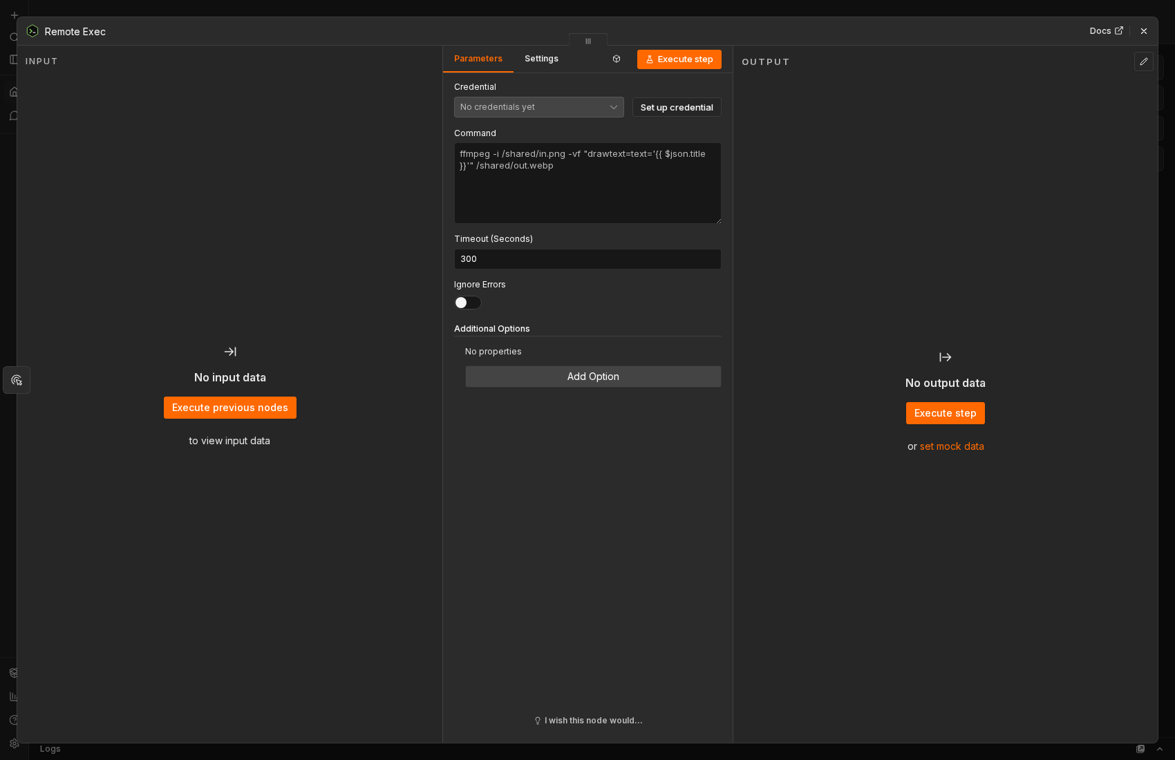 Node UI open: Credential, Command, Timeout, Ignore Errors, Additional Options