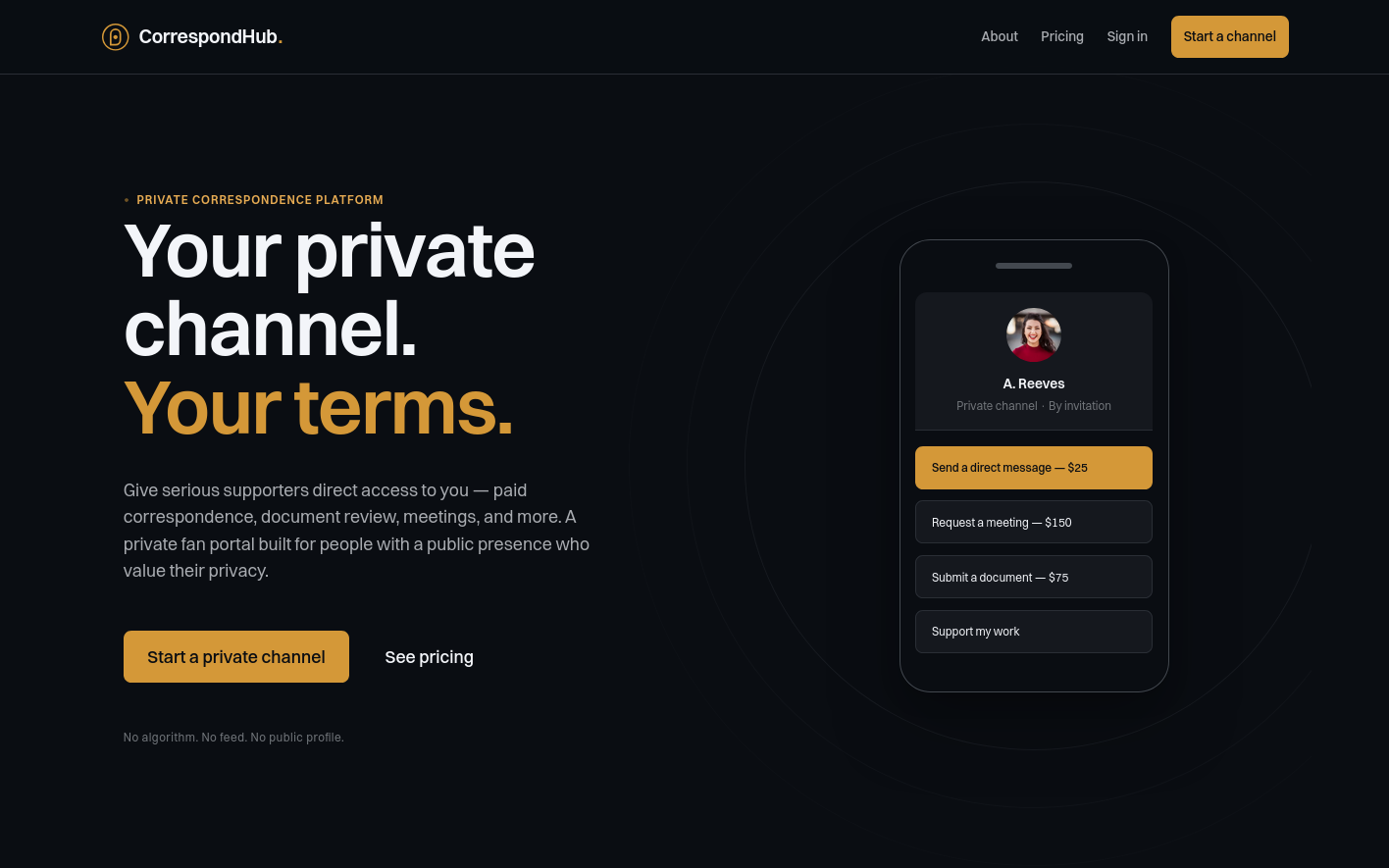 CorrespondHub private correspondence portal for creators and public figures